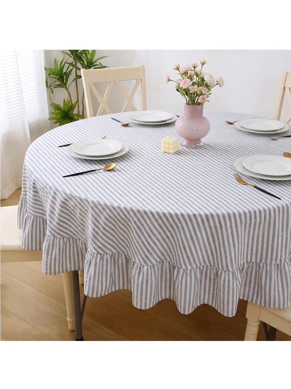 NEW Frienda Blue Stripe Ruffle Table Cloth Farmhouse - Picture 9 of 10